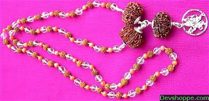 Powerful Rudraksha Mala with Coral, Crystal Beads with Lord Hanumana Pendant - Devshoppe